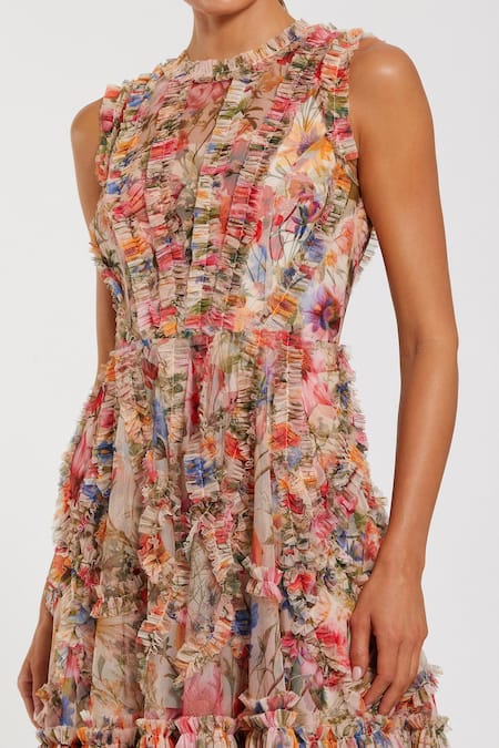 Shop Mac Duggal Cream Polyester Ruffles Round Neck Blossom Garden Print Mini Dress at Aza Fashions Shop_Mac Duggal_Cream Polyester Ruffles Round Neck Blossom Garden Print Mini Dress _at_Aza_Fashions