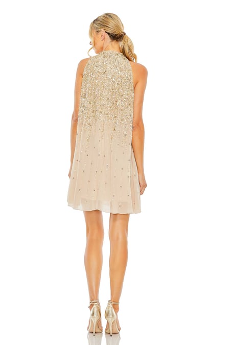 Shop Mac Duggal Beige Polyester Sequins, Beads Halter Neck Hand Embroidered Dress at Aza Fashions Shop_Mac Duggal_Beige Polyester Sequins, Beads Halter Neck Hand Embroidered Dress _at_Aza_Fashions