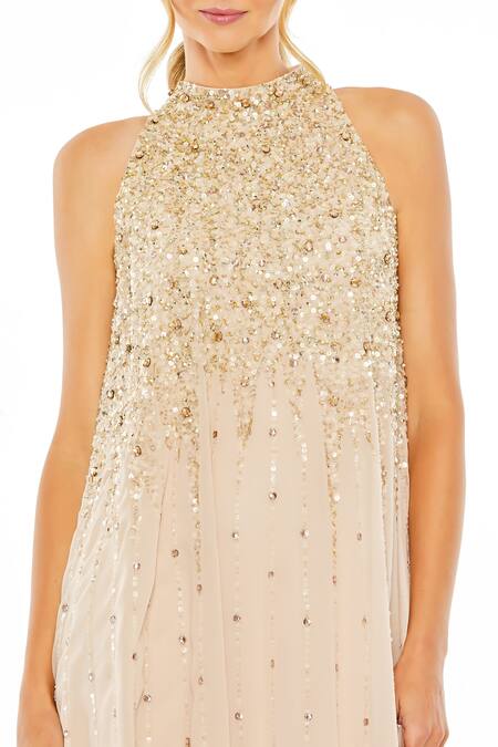 Mac Duggal Beige Polyester Sequins, Beads Halter Neck Hand Embroidered Dress Online at Aza Fashions Mac Duggal_Beige Polyester Sequins, Beads Halter Neck Hand Embroidered Dress _Online_at_Aza_Fashions