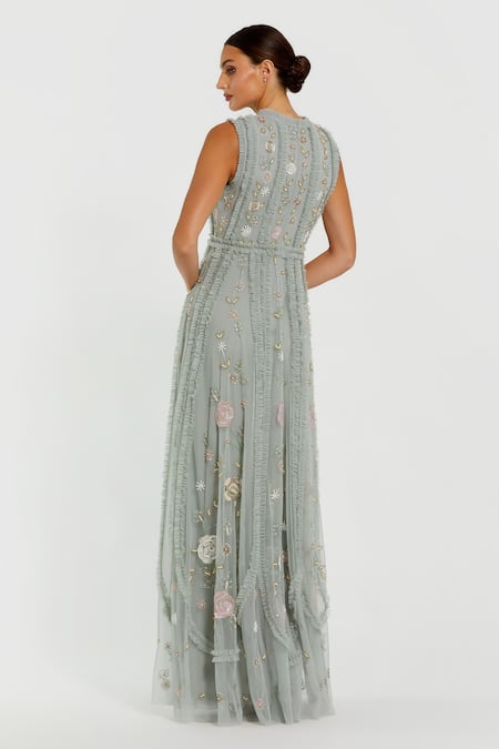 Shop Mac Duggal Green Polyester Embroidery, Sequins, Beads Round Neck Floral Mesh Hand Gown at Aza Fashions Shop_Mac Duggal_Green Polyester Embroidery, Sequins, Beads Round Neck Floral Mesh Hand Gown _at_Aza_Fashions