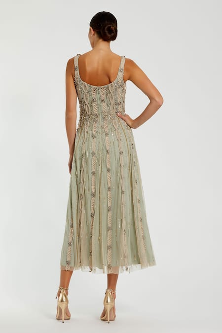 Shop Mac Duggal Beige Polyester Beads, Sequins Scoop Neck Floral Hand Embroidered Midi Dress at Aza Fashions Shop_Mac Duggal_Beige Polyester Beads, Sequins Scoop Neck Floral Hand Embroidered Midi Dress _at_Aza_Fashions