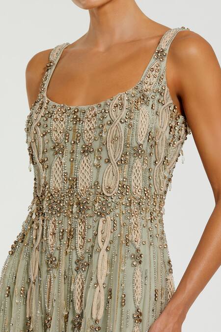 Mac Duggal Beige Polyester Beads, Sequins Scoop Neck Floral Hand Embroidered Midi Dress Online at Aza Fashions Mac Duggal_Beige Polyester Beads, Sequins Scoop Neck Floral Hand Embroidered Midi Dress _Online_at_Aza_Fashions