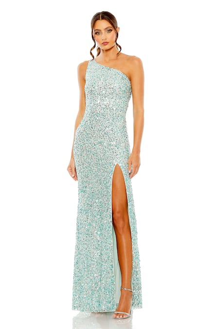 Mac Duggal Blue Polyester Sequins Asymmetric Hand Embroidered Gown 
