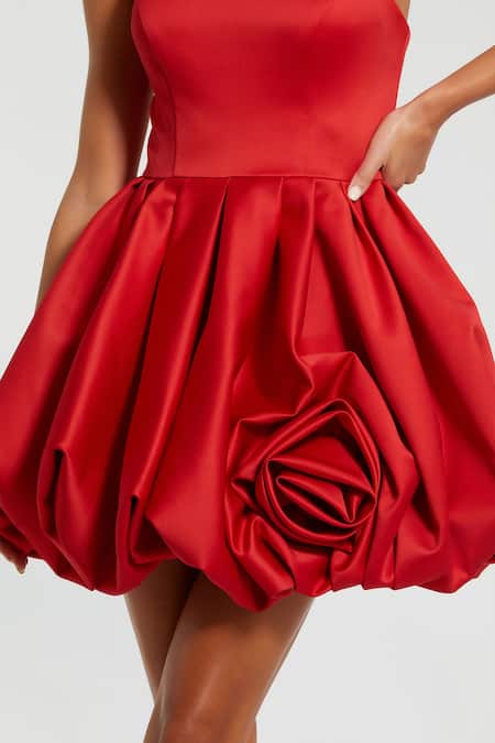 Mac Duggal Red Polyester Ruffles Open Neck Rose Detailed Short Dress Online at Aza Fashions Mac Duggal_Red Polyester Ruffles Open Neck Rose Detailed Short Dress _Online_at_Aza_Fashions