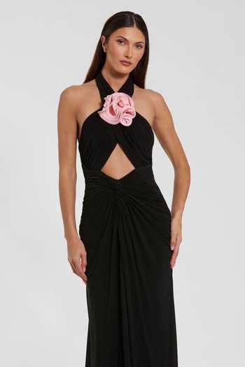 Mac Duggal_Black Polyester 3d Flower Halter Embroidered Front Gown _Online_at_Aza_Fashions