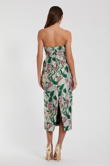 Shop Mac Duggal Multi Color Polyester Open Neck Floral Midi Dress With Side Pockets at Aza Fashions Shop_Mac Duggal_Multi Color Polyester Open Neck Floral Midi Dress With Side Pockets _at_Aza_Fashions