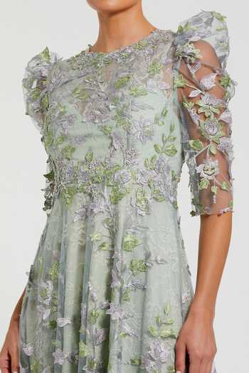 Mac Duggal_Green Polyester Floral, Applique Round Embroidered Dress _Online_at_Aza_Fashions