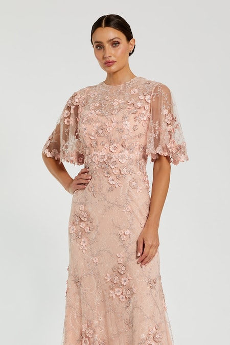 Mac Duggal_Rose Gold Polyester Floral Round Hand Embroidered Scallop Hem Gown _Online_at_Aza_Fashions