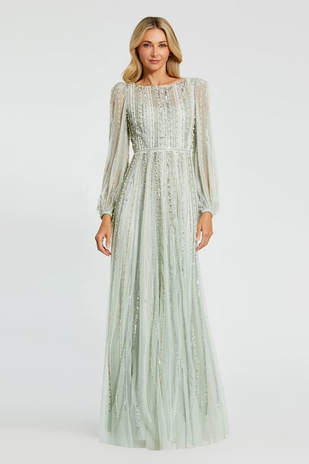 Mac Duggal Green Polyester Pearl, Sequin, Bead, Stripe Boat Neck Embroidered Gown