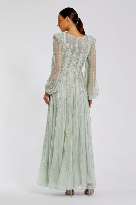 Shop Mac Duggal Green Polyester Pearl, Sequin, Bead, Stripe Boat Neck Embroidered Gown at Aza Fashions Shop_Mac Duggal_Green Polyester Pearl, Sequin, Bead, Stripe Boat Neck Embroidered Gown _at_Aza_Fashions