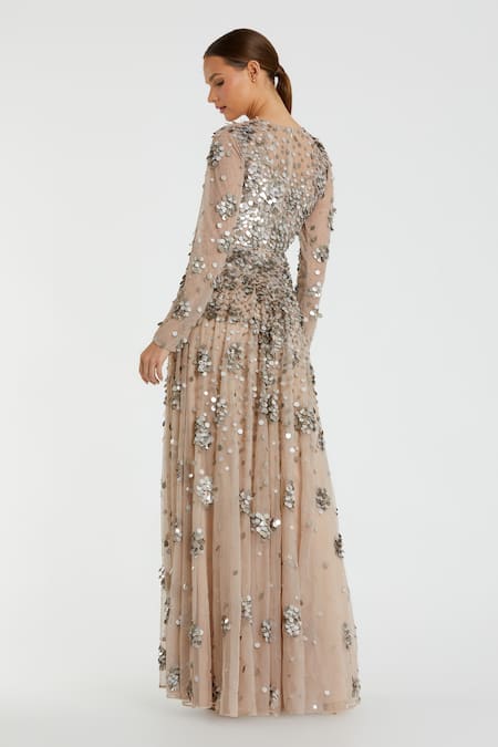 Shop_Mac Duggal_Beige Polyester Sequins, Beads Round Neck Coin Embroidered Gown _at_Aza_Fashions