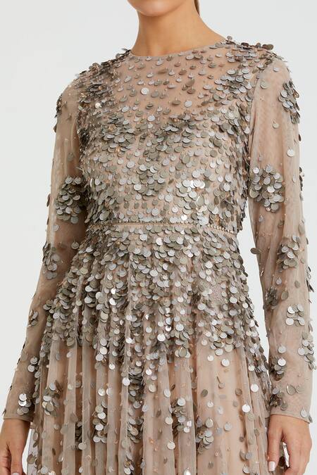 Mac Duggal_Beige Polyester Sequins, Beads Round Neck Coin Embroidered Gown _Online_at_Aza_Fashions