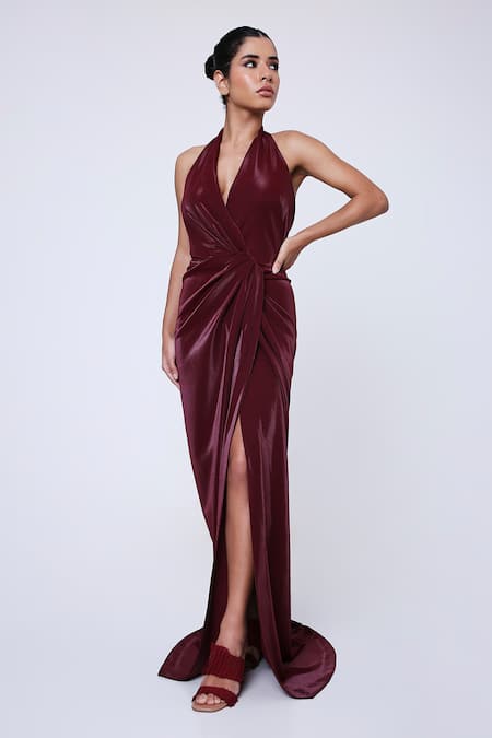 Antithesis India Brown Shimmer Lycra Cowl Neck Bordeaux Dress 
