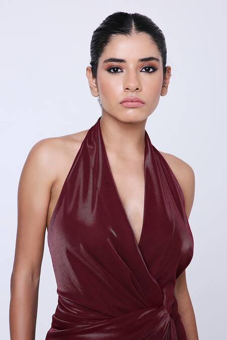 Antithesis India Brown Shimmer Lycra Cowl Neck Bordeaux Dress at Aza Fashions Antithesis India_Brown Shimmer Lycra Cowl Neck Bordeaux Dress _at_Aza_Fashions