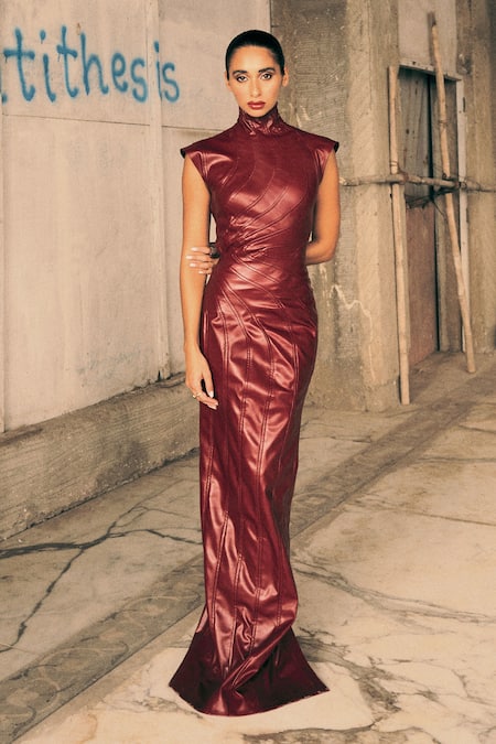 Antithesis India Brown Faux Leather, Viscose High Neck Wave Pattern Maxi Dress 