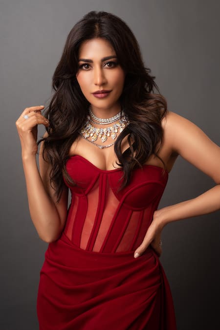 Shop_Antithesis India_Red Crepe, Net Sweetheart Neck Draped Corset Maxi Dress _Online_at_Aza_Fashions