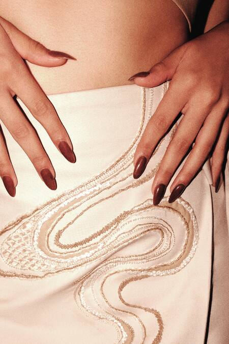 Antithesis India_Beige Cotton Beads, Embroidery Wave Pattern Wrap Skirt _Online_at_Aza_Fashions