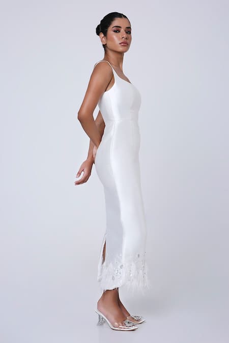 Antithesis India White Silk Feathers Square Neck Crystal Drop Embellished Midi Dress Online at Aza Fashions Antithesis India_White Silk Feathers Square Neck Crystal Drop Embellished Midi Dress _Online_at_Aza_Fashions