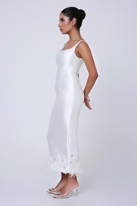 Buy Antithesis India White Silk Feathers Square Neck Crystal Drop Embellished Midi Dress Online at Aza Fashions Buy_Antithesis India_White Silk Feathers Square Neck Crystal Drop Embellished Midi Dress _Online_at_Aza_Fashions