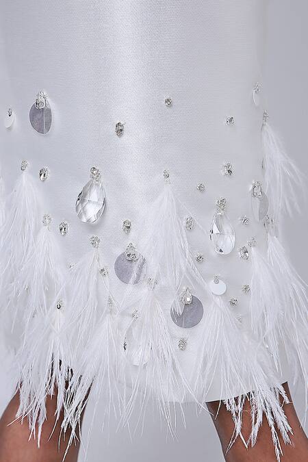 Shop Antithesis India White Silk Feathers Square Neck Crystal Drop Embellished Midi Dress Online at Aza Fashions Shop_Antithesis India_White Silk Feathers Square Neck Crystal Drop Embellished Midi Dress _Online_at_Aza_Fashions