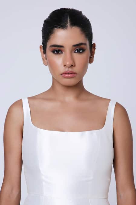 Antithesis India White Silk Feathers Square Neck Crystal Drop Embellished Midi Dress at Aza Fashions Antithesis India_White Silk Feathers Square Neck Crystal Drop Embellished Midi Dress _at_Aza_Fashions