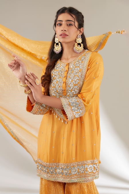 Ajiesh Oberoi_Yellow Mulmul, Opada Silk, Lurex Organza Floral Embroidered Kurta Gharara Set _Online_at_Aza_Fashions