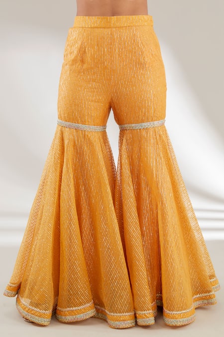 Buy_Ajiesh Oberoi_Yellow Mulmul, Opada Silk, Lurex Organza Floral Embroidered Kurta Gharara Set _Online_at_Aza_Fashions