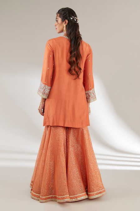 Shop Ajiesh Oberoi Orange Mulmul, Opada Silk, Lurex Organza Floral Embroidered Kurta Gharara Set at Aza Fashions Shop_Ajiesh Oberoi_Orange Mulmul, Opada Silk, Lurex Organza Floral Embroidered Kurta Gharara Set _at_Aza_Fashions