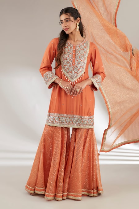 Ajiesh Oberoi Orange Mulmul, Opada Silk, Lurex Organza Floral Embroidered Kurta Gharara Set Online at Aza Fashions Ajiesh Oberoi_Orange Mulmul, Opada Silk, Lurex Organza Floral Embroidered Kurta Gharara Set _Online_at_Aza_Fashions