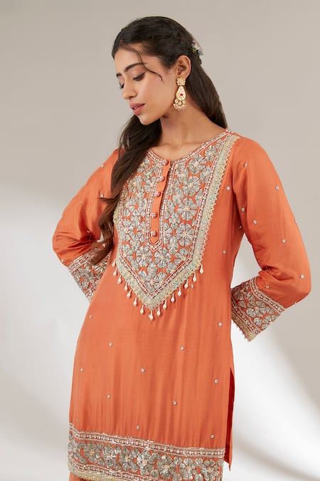 Buy Ajiesh Oberoi Orange Mulmul, Opada Silk, Lurex Organza Floral Embroidered Kurta Gharara Set Online at Aza Fashions Buy_Ajiesh Oberoi_Orange Mulmul, Opada Silk, Lurex Organza Floral Embroidered Kurta Gharara Set _Online_at_Aza_Fashions