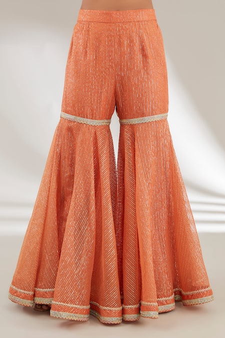 Shop Ajiesh Oberoi Orange Mulmul, Opada Silk, Lurex Organza Floral Embroidered Kurta Gharara Set Online at Aza Fashions Shop_Ajiesh Oberoi_Orange Mulmul, Opada Silk, Lurex Organza Floral Embroidered Kurta Gharara Set _Online_at_Aza_Fashions