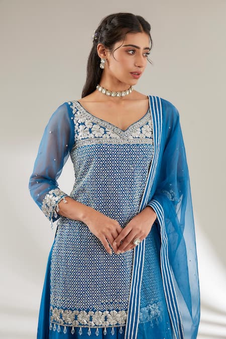 Buy_Ajiesh Oberoi_Blue Organza, Mulmul, Opada Silk Checkered Embroidered Kurta Sharara Set _Online_at_Aza_Fashions