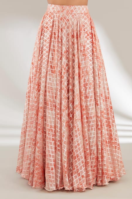 Ajiesh Oberoi Orange Brasso, Mulmul, Opada Silk Checkered, Embroidered Top With Skirt Online at Aza Fashions Ajiesh Oberoi_Orange Brasso, Mulmul, Opada Silk Checkered, Embroidered Top With Skirt _Online_at_Aza_Fashions