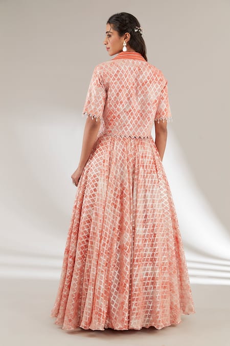 Shop Ajiesh Oberoi Orange Brasso, Mulmul, Opada Silk Checkered, Embroidered Top With Skirt at Aza Fashions Shop_Ajiesh Oberoi_Orange Brasso, Mulmul, Opada Silk Checkered, Embroidered Top With Skirt _at_Aza_Fashions