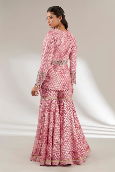 Shop Ajiesh Oberoi Pink Brocade, Silk Crystals, Lace Plunge Neck Checkered Jacket With Gharara Set at Aza Fashions Shop_Ajiesh Oberoi_Pink Brocade, Silk Crystals, Lace Plunge Neck Checkered Jacket With Gharara Set _at_Aza_Fashions