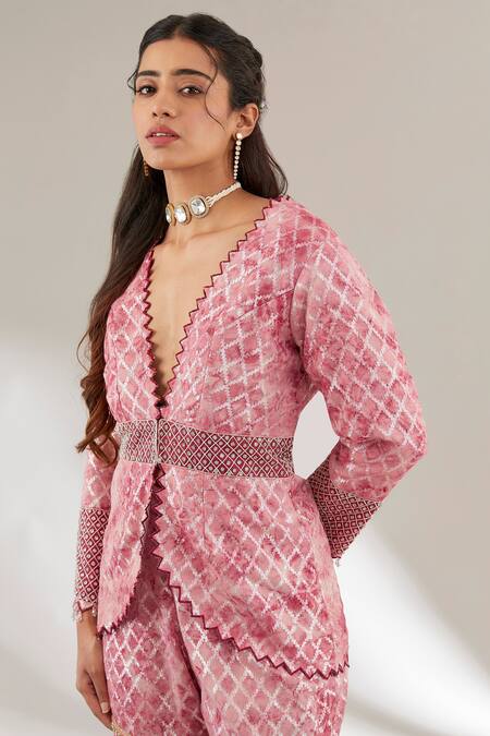 Ajiesh Oberoi Pink Brocade, Silk Crystals, Lace Plunge Neck Checkered Jacket With Gharara Set Online at Aza Fashions Ajiesh Oberoi_Pink Brocade, Silk Crystals, Lace Plunge Neck Checkered Jacket With Gharara Set _Online_at_Aza_Fashions