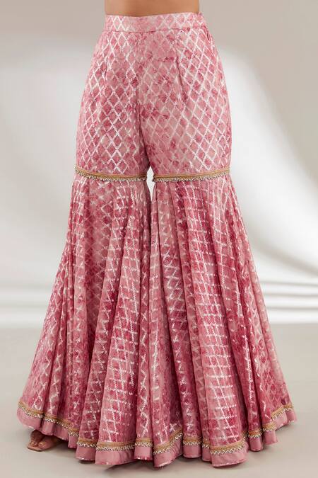 Buy Ajiesh Oberoi Pink Brocade, Silk Crystals, Lace Plunge Neck Checkered Jacket With Gharara Set Online at Aza Fashions Buy_Ajiesh Oberoi_Pink Brocade, Silk Crystals, Lace Plunge Neck Checkered Jacket With Gharara Set _Online_at_Aza_Fashions