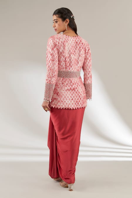 Shop Ajiesh Oberoi Pink Modal Cut Work, Sequins Plunge Checkered Embellished Jacket And Draped Skirt at Aza Fashions Shop_Ajiesh Oberoi_Pink Modal Cut Work, Sequins Plunge Checkered Embellished Jacket And Draped Skirt _at_Aza_Fashions