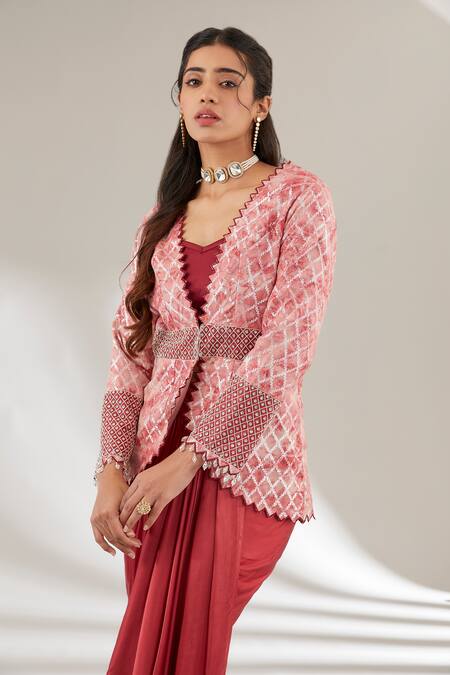 Ajiesh Oberoi Pink Modal Cut Work, Sequins Plunge Checkered Embellished Jacket And Draped Skirt Online at Aza Fashions Ajiesh Oberoi_Pink Modal Cut Work, Sequins Plunge Checkered Embellished Jacket And Draped Skirt _Online_at_Aza_Fashions