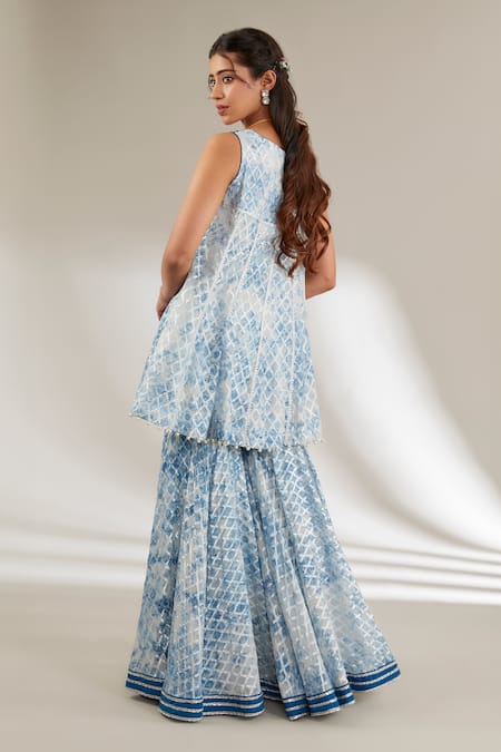 Shop Ajiesh Oberoi Blue Organza, Brocade Pearls, Checkered Patterned Short Anarakali Sharara Set at Aza Fashions Shop_Ajiesh Oberoi_Blue Organza, Brocade Pearls, Checkered Patterned Short Anarakali Sharara Set _at_Aza_Fashions