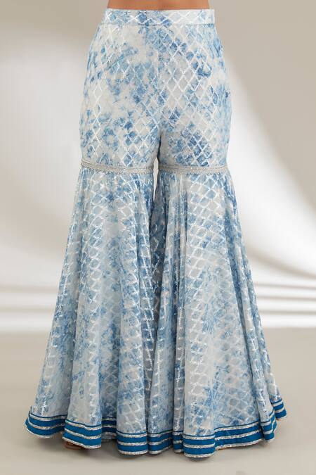 Ajiesh Oberoi Blue Organza, Brocade Pearls, Checkered Patterned Short Anarakali Sharara Set Online at Aza Fashions Ajiesh Oberoi_Blue Organza, Brocade Pearls, Checkered Patterned Short Anarakali Sharara Set _Online_at_Aza_Fashions