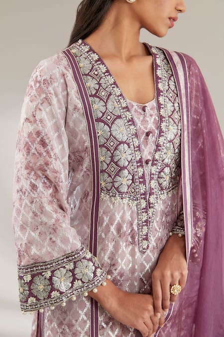 Buy_Ajiesh Oberoi_Purple Organza, Brocade Pearls, Nakshi Floral Embroidered Kurta Palazzo Set _Online_at_Aza_Fashions