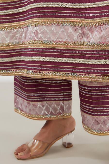 Ajiesh Oberoi Purple Organza, Brasso, Upada Silk Checkered, Lace, Patterned Kurta Palazzo Set Online at Aza Fashions Ajiesh Oberoi_Purple Organza, Brasso, Upada Silk Checkered, Lace, Patterned Kurta Palazzo Set _Online_at_Aza_Fashions