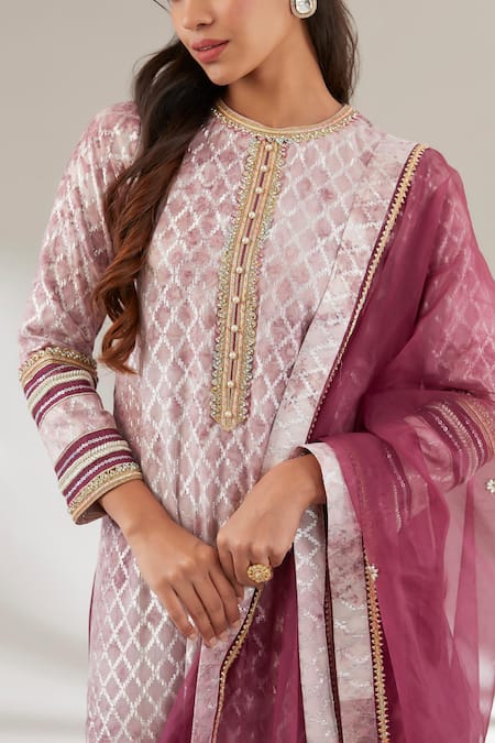 Shop Ajiesh Oberoi Purple Organza, Brasso, Upada Silk Checkered, Lace, Patterned Kurta Palazzo Set at Aza Fashions Shop_Ajiesh Oberoi_Purple Organza, Brasso, Upada Silk Checkered, Lace, Patterned Kurta Palazzo Set _at_Aza_Fashions