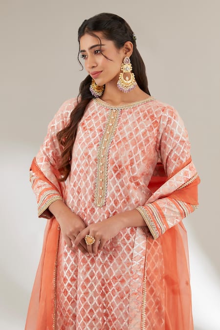 Ajiesh Oberoi Orange Organza, Brasso, Upada Silk Checkered, Lace, Pattern Kurta Palazzo Set Online at Aza Fashions Ajiesh Oberoi_Orange Organza, Brasso, Upada Silk Checkered, Lace, Pattern Kurta Palazzo Set _Online_at_Aza_Fashions