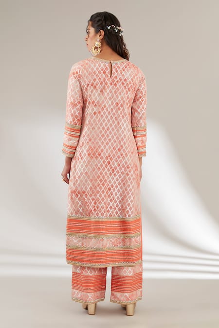 Shop Ajiesh Oberoi Orange Organza, Brasso, Upada Silk Checkered, Lace, Pattern Kurta Palazzo Set at Aza Fashions Shop_Ajiesh Oberoi_Orange Organza, Brasso, Upada Silk Checkered, Lace, Pattern Kurta Palazzo Set _at_Aza_Fashions