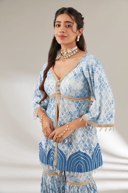 Ajiesh Oberoi_Blue Organza, Brocade, Silk Lace, Sequins Checkered Peplum Kurta And Gharara Set _Online_at_Aza_Fashions