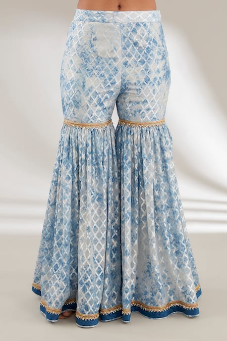 Buy_Ajiesh Oberoi_Blue Organza, Brocade, Silk Lace, Sequins Checkered Peplum Kurta And Gharara Set _Online_at_Aza_Fashions