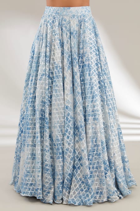 Ajiesh Oberoi_Blue Organza, Brasso, Upada Silk Checkered, Patterned Lehenga Embroidered Set _Online_at_Aza_Fashions