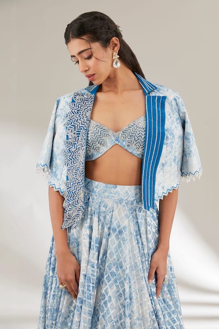 Buy_Ajiesh Oberoi_Blue Organza, Brasso, Upada Silk Checkered, Patterned Lehenga Embroidered Set _Online_at_Aza_Fashions